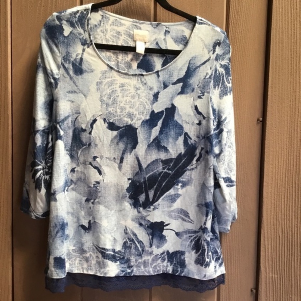 Chico’s Blue Flowered Pattern Pull Over Shirt - image 1